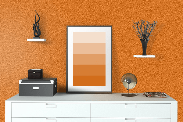 Pretty Photo frame on Strong Orange color drawing room interior textured wall