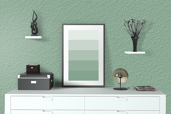 Pretty Photo frame on Shiny Pale Green color drawing room interior textured wall