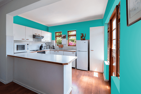 Pretty Photo frame on Exotic Teal color kitchen interior wall color