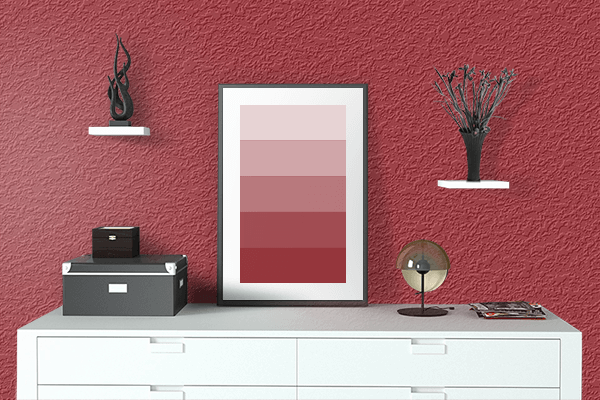 Pretty Photo frame on Bonnet Red color drawing room interior textured wall