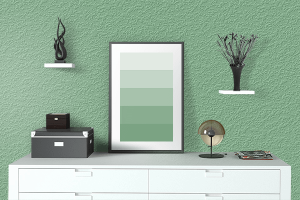 Pretty Photo frame on Oilcloth Green color drawing room interior textured wall