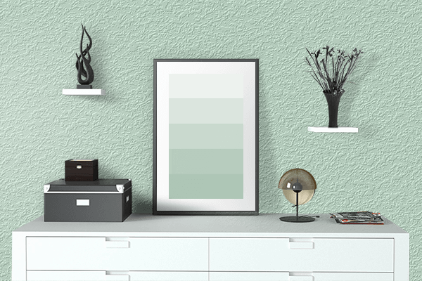 Pretty Photo frame on Glacial Water Green color drawing room interior textured wall