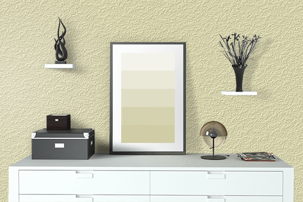 Pretty Photo frame on Subtle Yellow color drawing room interior textured wall