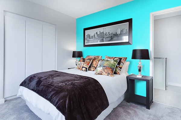 Pretty Photo frame on Strong Cyan color Bedroom interior wall color
