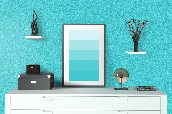 Pretty Photo frame on Strong Cyan color drawing room interior textured wall