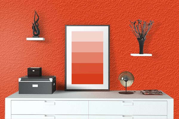 Pretty Photo frame on Chilli Red color drawing room interior textured wall