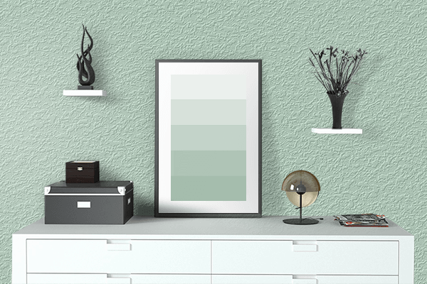 Pretty Photo frame on Moonstone Green color drawing room interior textured wall
