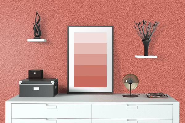 Pretty Photo frame on Salmon Red color drawing room interior textured wall