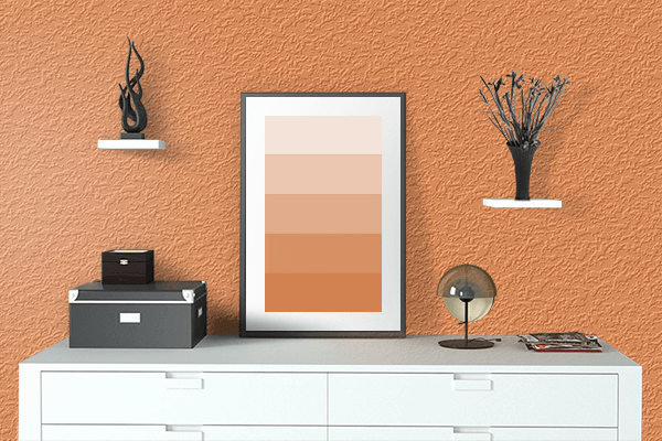 Pretty Photo frame on Sweet Orange color drawing room interior textured wall