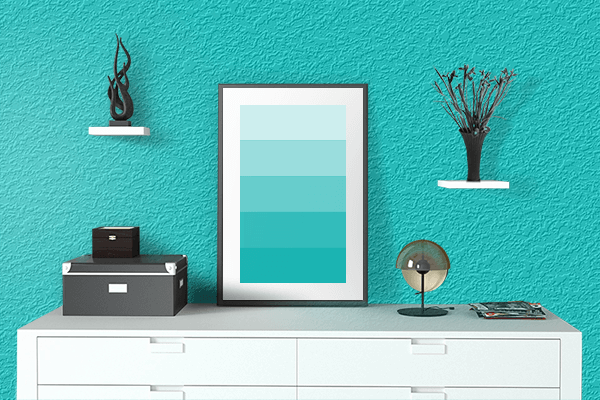 Pretty Photo frame on Vibrant Teal color drawing room interior textured wall