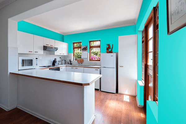 Pretty Photo frame on Vibrant Teal color kitchen interior wall color