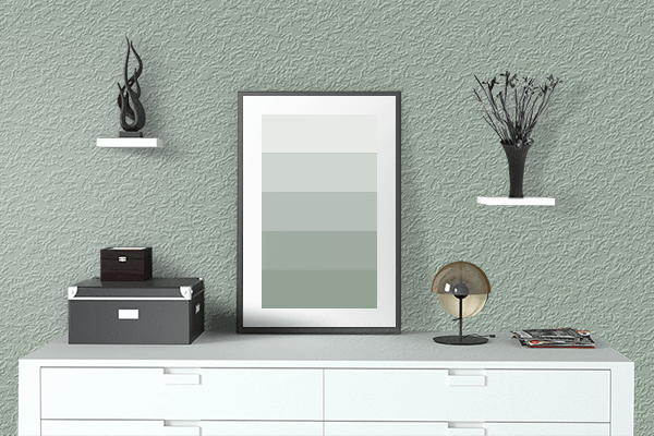 Pretty Photo frame on Washout Green color drawing room interior textured wall