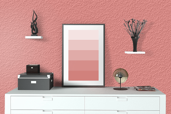 Pretty Photo frame on Subtle Red color drawing room interior textured wall