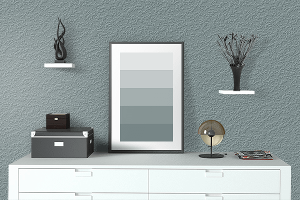 Pretty Photo frame on Neutral Teal color drawing room interior textured wall