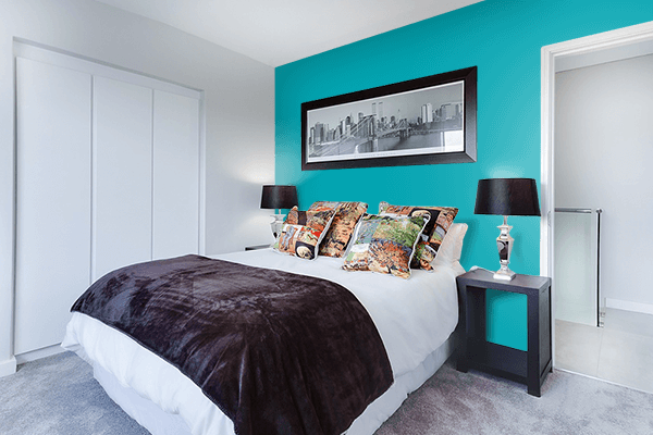Pretty Photo frame on Garish Blue color Bedroom interior wall color