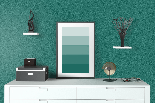 Pretty Photo frame on Cobalt Green color drawing room interior textured wall