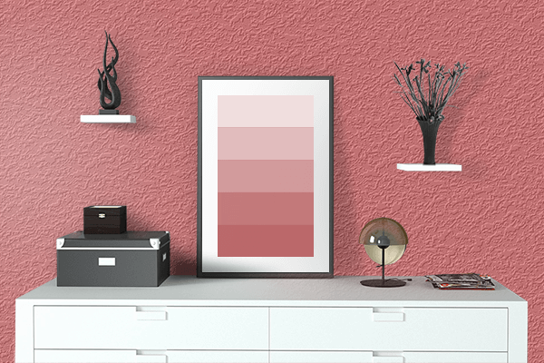Pretty Photo frame on Washed Out Red color drawing room interior textured wall