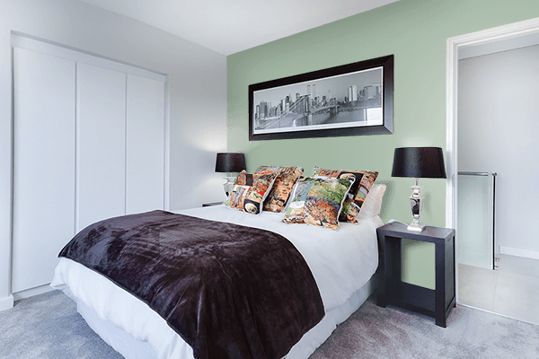 Pretty Photo frame on Subdued Green color Bedroom interior wall color