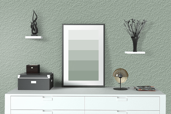 Pretty Photo frame on Subdued Green color drawing room interior textured wall
