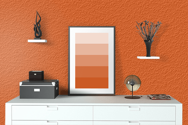 Pretty Photo frame on Cayenne Orange color drawing room interior textured wall
