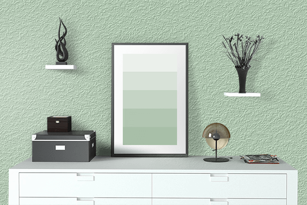 Pretty Photo frame on Pallid Green color drawing room interior textured wall