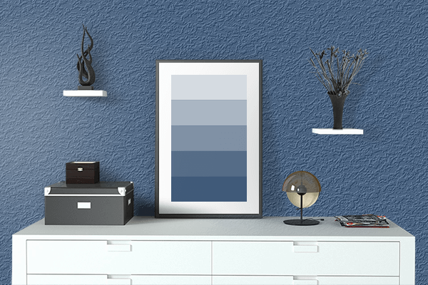 Pretty Photo frame on Flat Dark Blue color drawing room interior textured wall