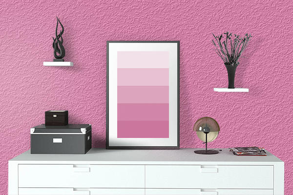 Pretty Photo frame on Madonna Pink color drawing room interior textured wall