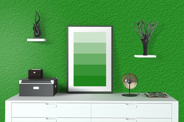 Pretty Photo frame on Strong Green color drawing room interior textured wall