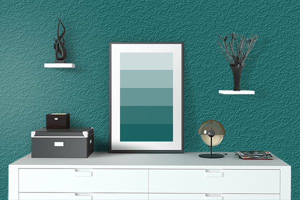 Pretty Photo frame on Teal Green (Pantone) color drawing room interior textured wall