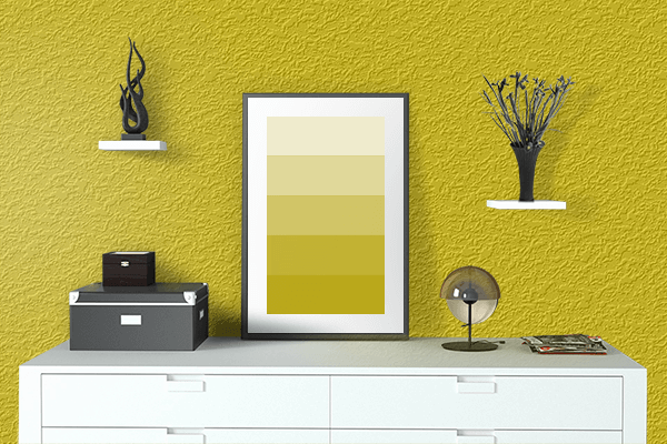Pretty Photo frame on Sorbet Yellow color drawing room interior textured wall