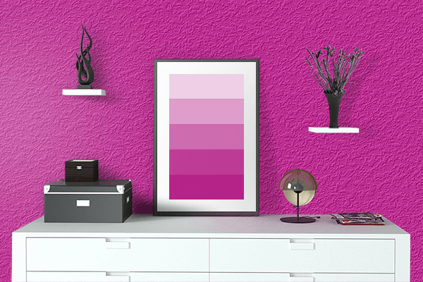 Pretty Photo frame on Strong Pink color drawing room interior textured wall