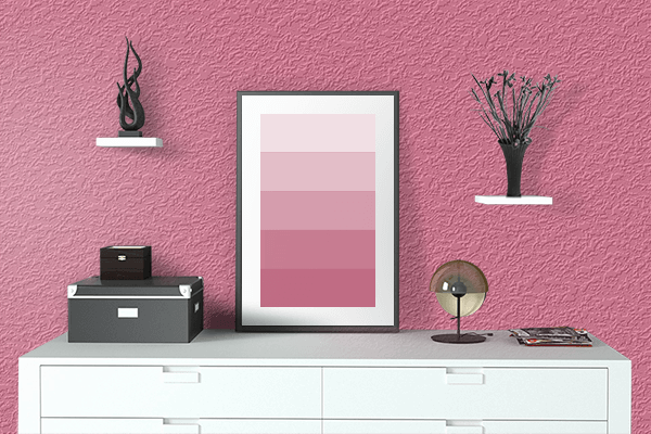 Pretty Photo frame on Cherry Pink color drawing room interior textured wall