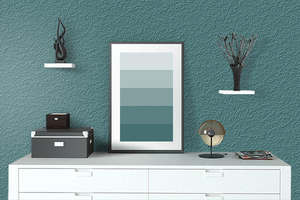 Pretty Photo frame on Vintage Teal color drawing room interior textured wall