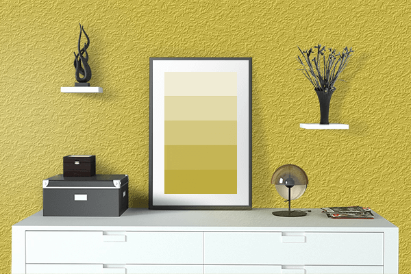 Pretty Photo frame on Mimosa Yellow color drawing room interior textured wall