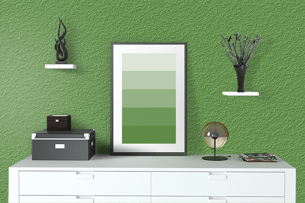 Pretty Photo frame on Flat Green color drawing room interior textured wall