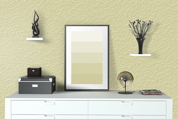 Pretty Photo frame on Yellow Haze color drawing room interior textured wall