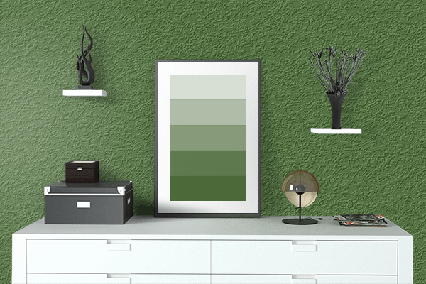 Pretty Photo frame on Mushroom Green color drawing room interior textured wall