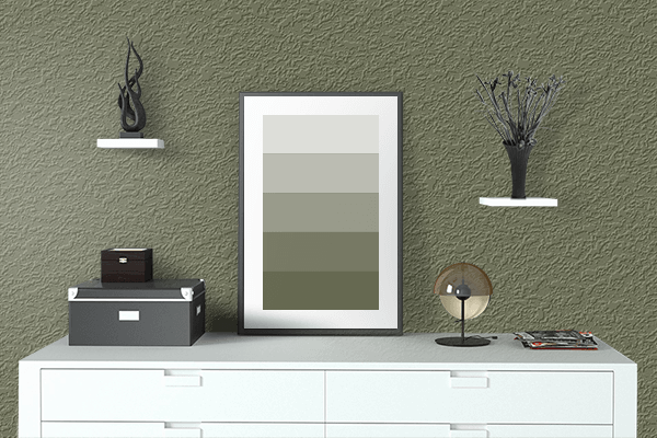 Pretty Photo frame on Army Olive color drawing room interior textured wall