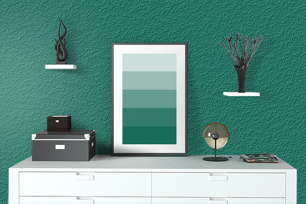 Pretty Photo frame on Teal Dark Green color drawing room interior textured wall