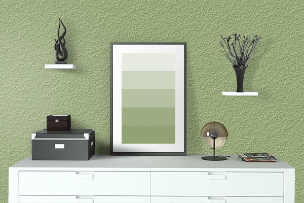 Pretty Photo frame on Iris Green color drawing room interior textured wall