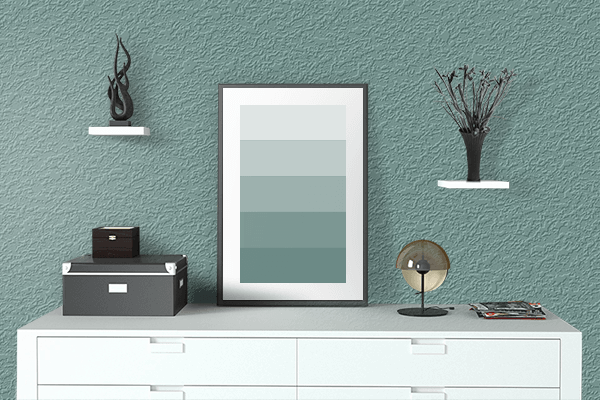 Pretty Photo frame on Pale Verdigris color drawing room interior textured wall