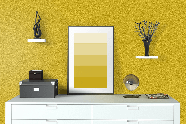 Pretty Photo frame on Poster Yellow color drawing room interior textured wall