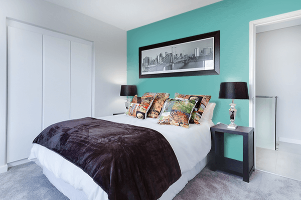 Pretty Photo frame on Chinese Cyan color Bedroom interior wall color