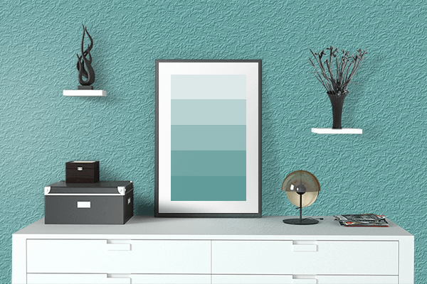 Pretty Photo frame on Chinese Cyan color drawing room interior textured wall
