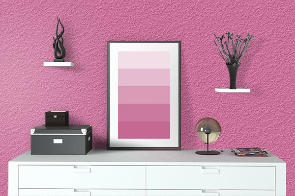 Pretty Photo frame on Chinese Pink color drawing room interior textured wall