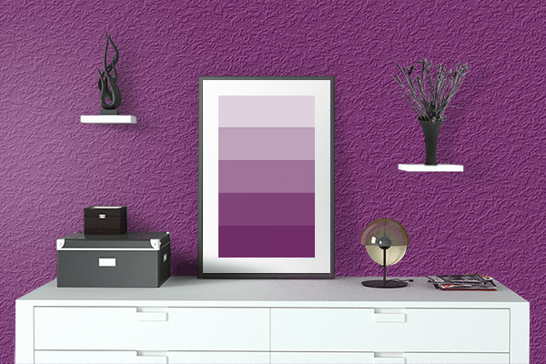 Pretty Photo frame on Lady Purple color drawing room interior textured wall