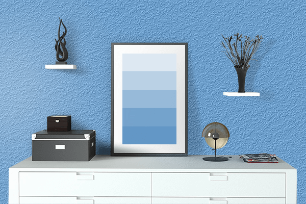 Pretty Photo frame on Ruddy Blue color drawing room interior textured wall