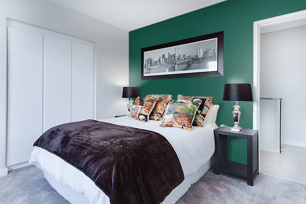 Pretty Photo frame on Fashion Green color Bedroom interior wall color