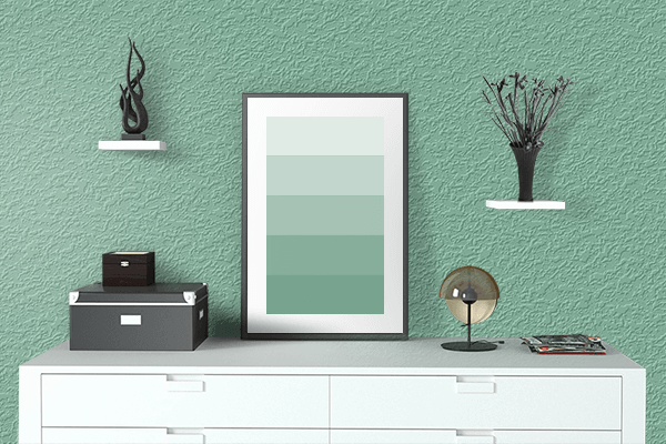 Pretty Photo frame on Neptune Green color drawing room interior textured wall