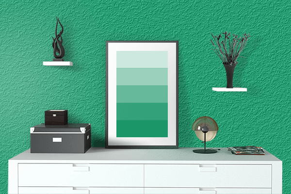 Pretty Photo frame on Jade color drawing room interior textured wall